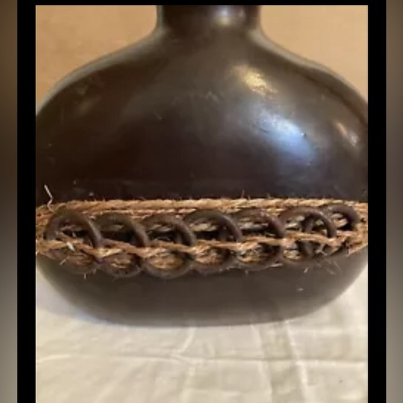 Vintage Dark Wooden Vase Ottoman Style Wood With Raffia & Metal Rings  6x6” - Picture 5 of 7